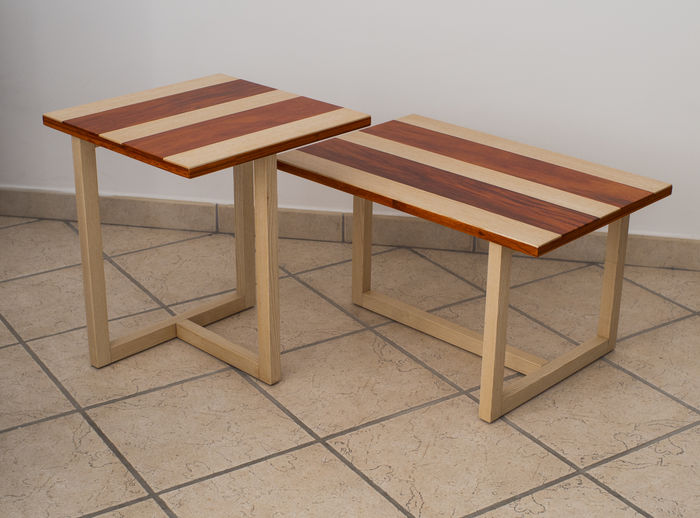 Couple of coffee Tables in Ash and Padouk wood