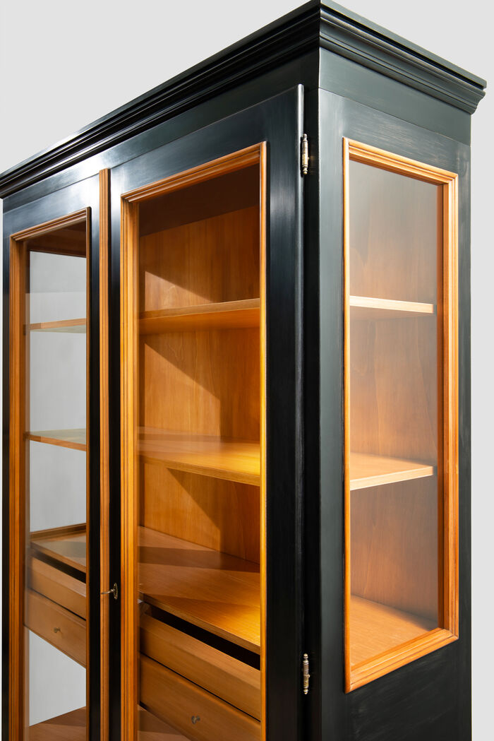Black Artisanal Display Cabinet with Two Glass Doors and Dresser