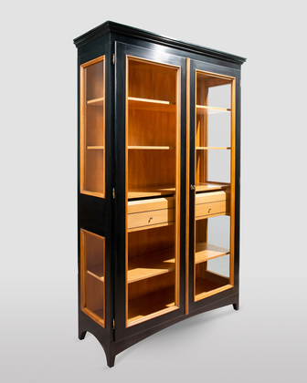 Black Artisanal Display Cabinet with Two Glass Doors and Dresser