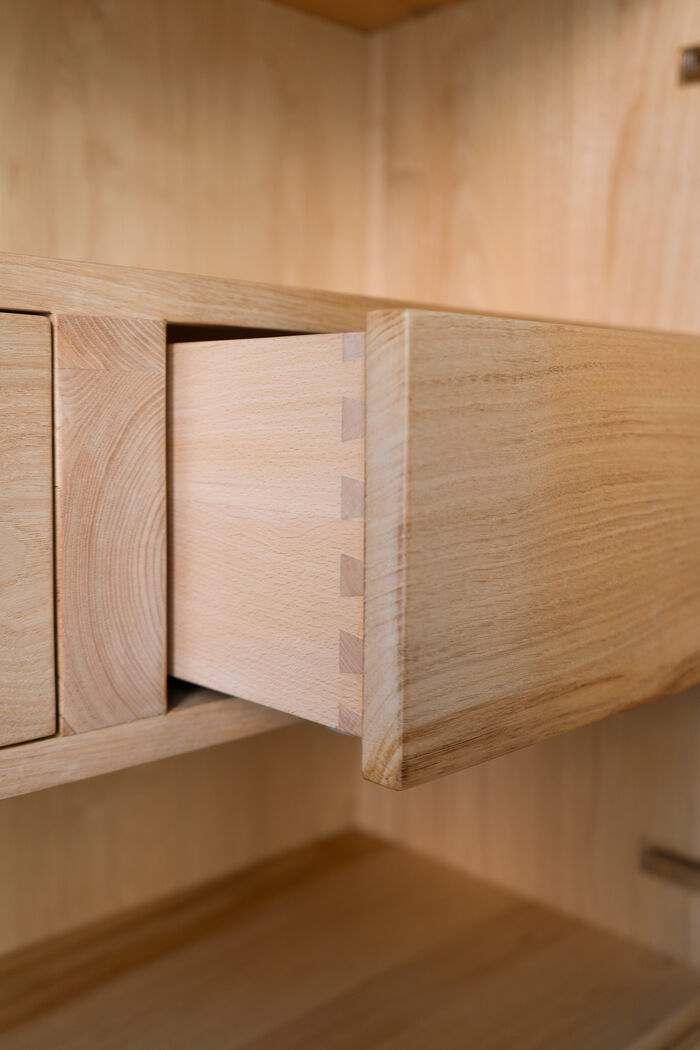 Modern Wooden Display Cabinet with Glass Doors and Drawers