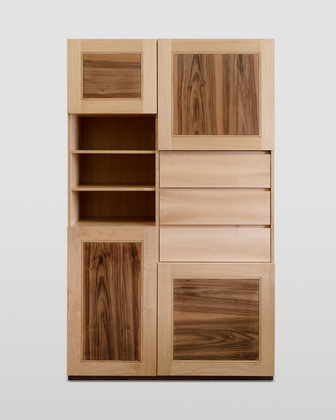 Handcrafted Storage Unit with Asymmetric Design: Doors, Open Shelving, and Drawers