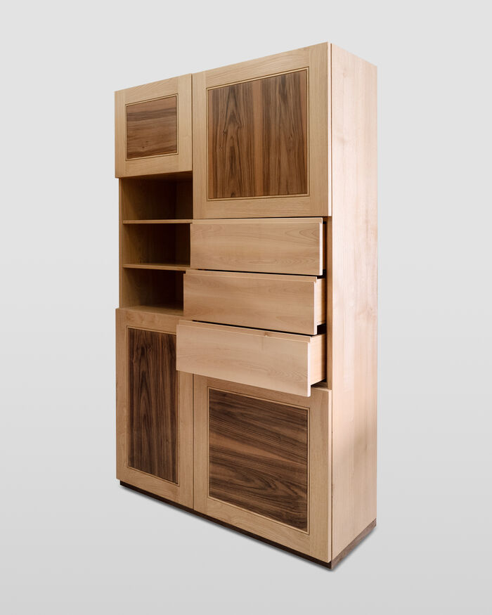 Handcrafted Storage Unit with Asymmetric Design: Doors, Open Shelving, and Drawers