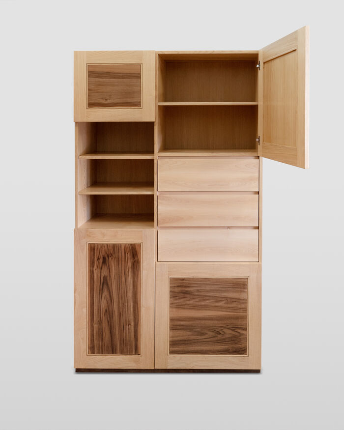 Handcrafted Storage Unit with Asymmetric Design: Doors, Open Shelving, and Drawers