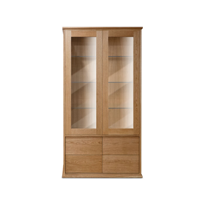 Minimalist Solid Oak Display Cabinet with Glass Doors and Drawers