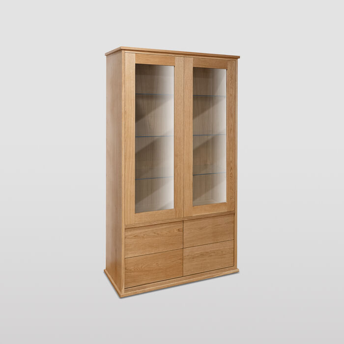 Minimalist Solid Oak Display Cabinet with Glass Doors and Drawers