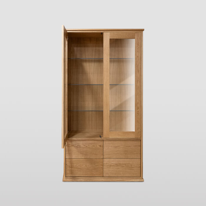Minimalist Solid Oak Display Cabinet with Glass Doors and Drawers