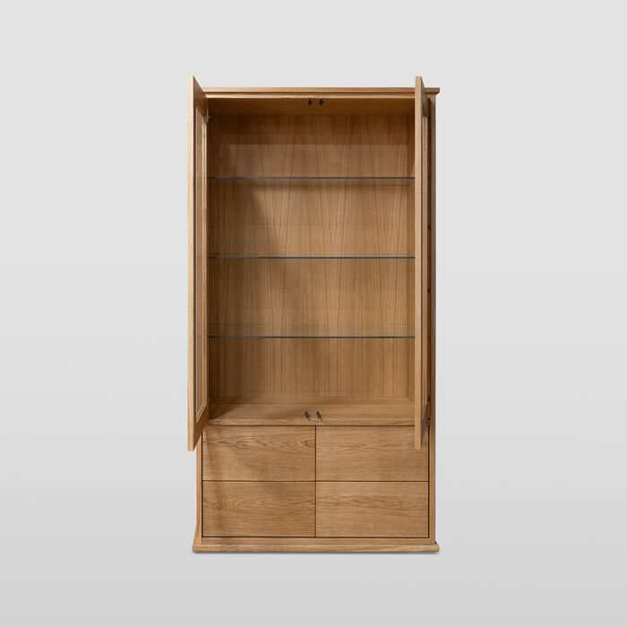 Minimalist Solid Oak Display Cabinet with Glass Doors and Drawers
