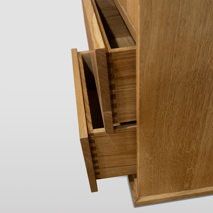 Minimalist Solid Oak Display Cabinet with Glass Doors and Drawers