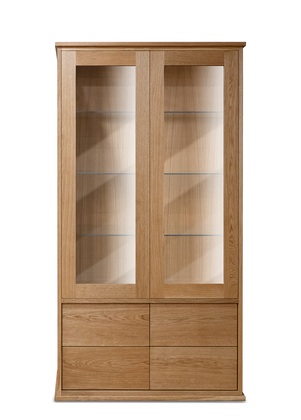 Minimalist Solid Oak Display Cabinet with Glass Doors and Drawers