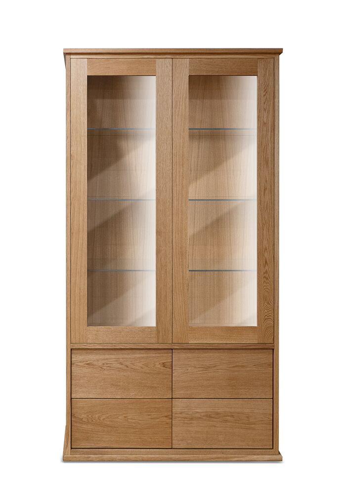 Minimalist Solid Oak Display Cabinet with Glass Doors and Drawers